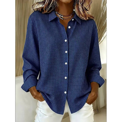 Women's gingham button blouse in dark blue