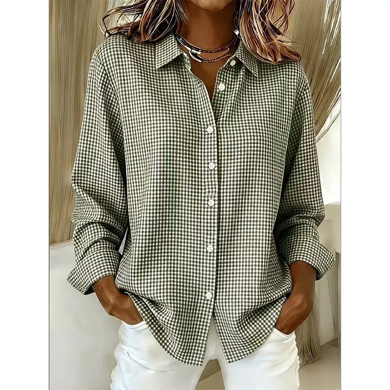 Women's gingham button blouse in matcha green