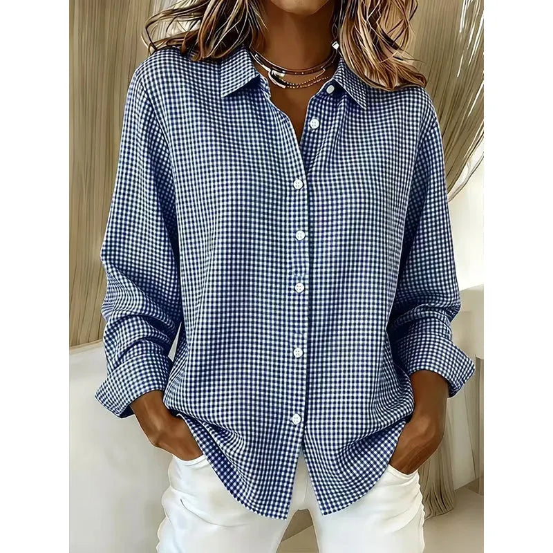 Women's gingham button blouse in blue