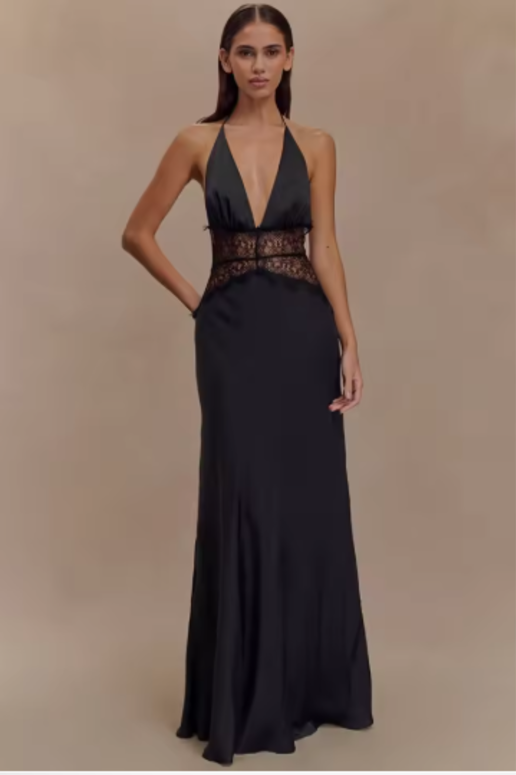 Women's black halter backless lace maxi wedding guest dress