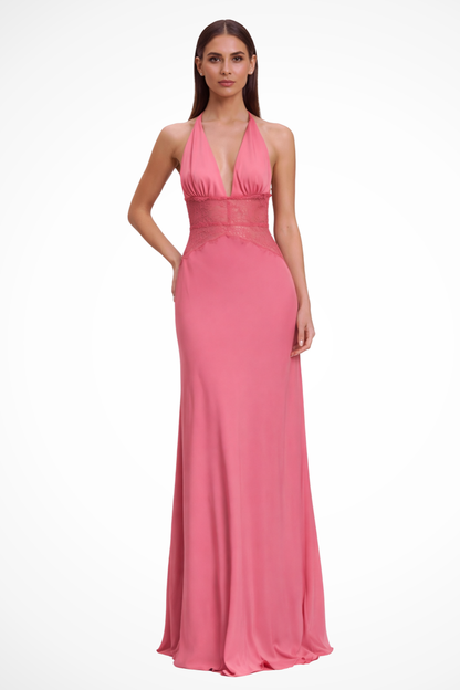 Women's black halter backless lace maxi wedding guest dress