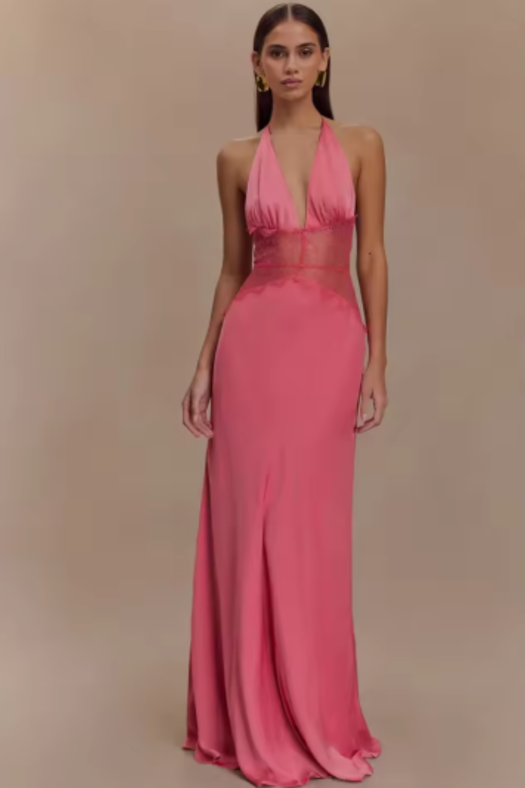 Women's black halter backless lace maxi wedding guest dress