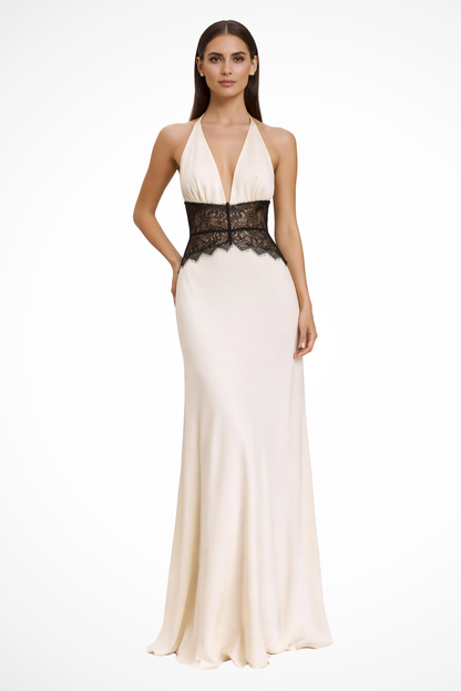Women's blue halter backless lace maxi wedding guest dress