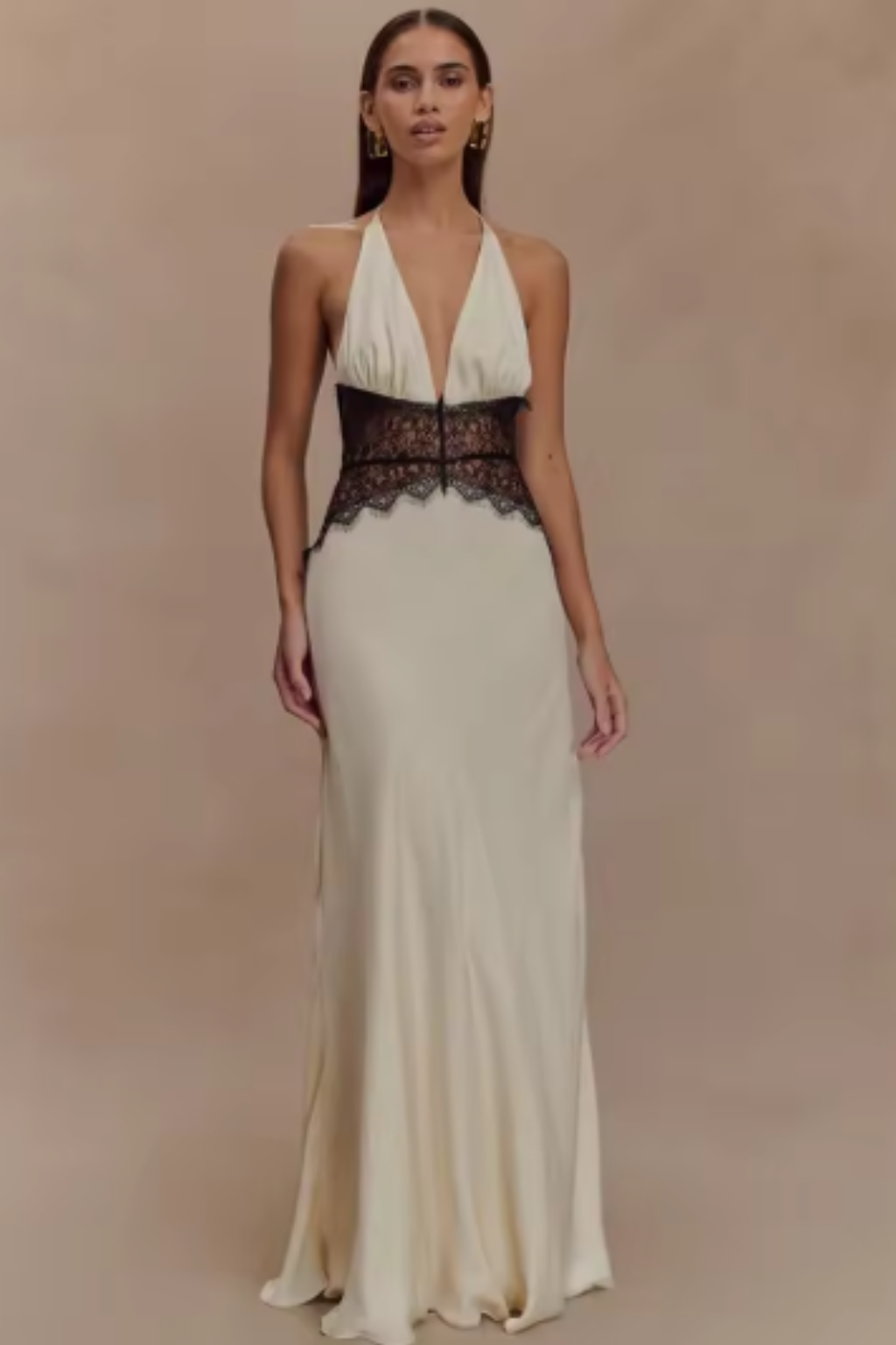 Women's blue halter backless lace maxi wedding guest dress