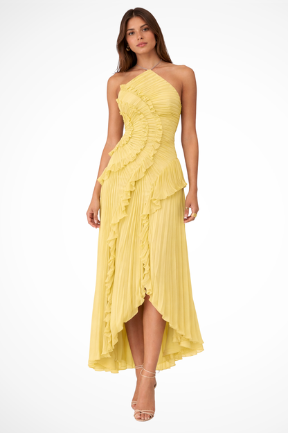 Women's pink halter ruffle backless maxi wedding guest dress
