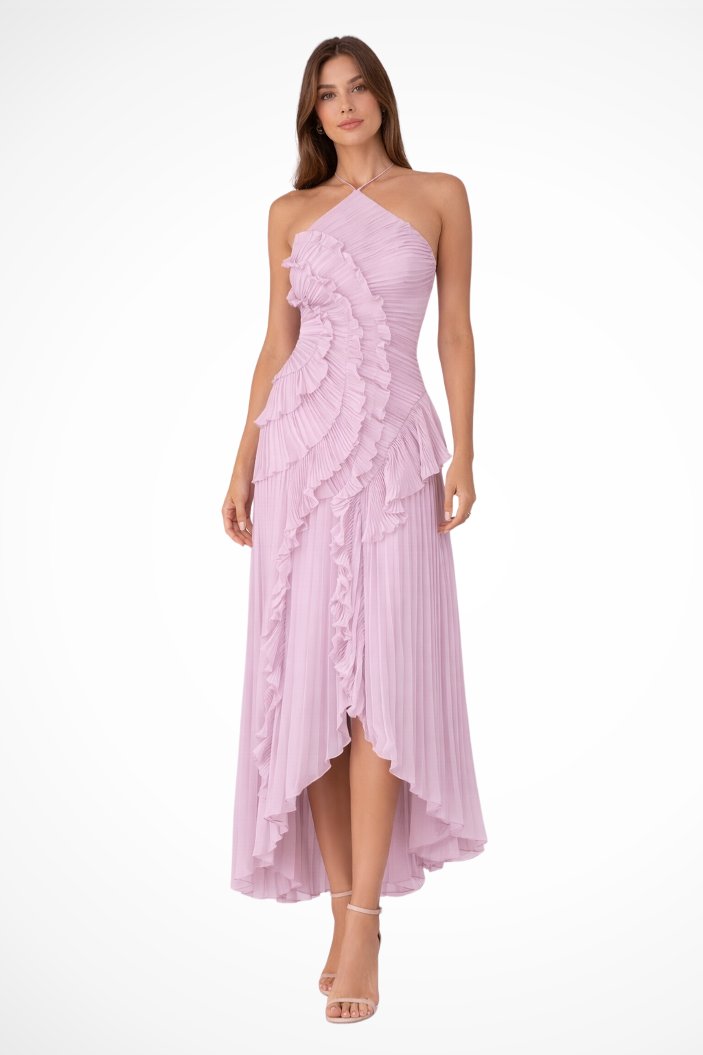 Women's pink halter ruffle backless maxi wedding guest dress