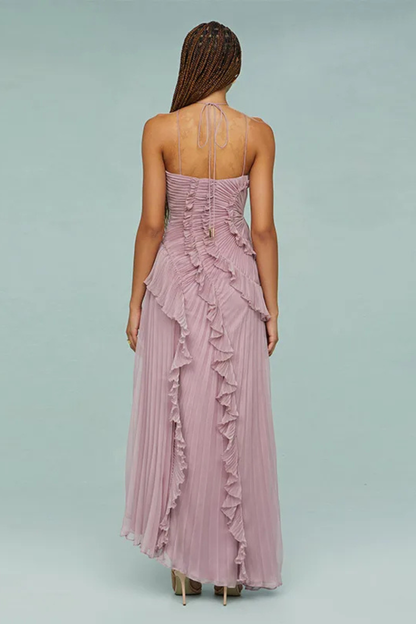 Women's white halter ruffle backless maxi wedding guest dress