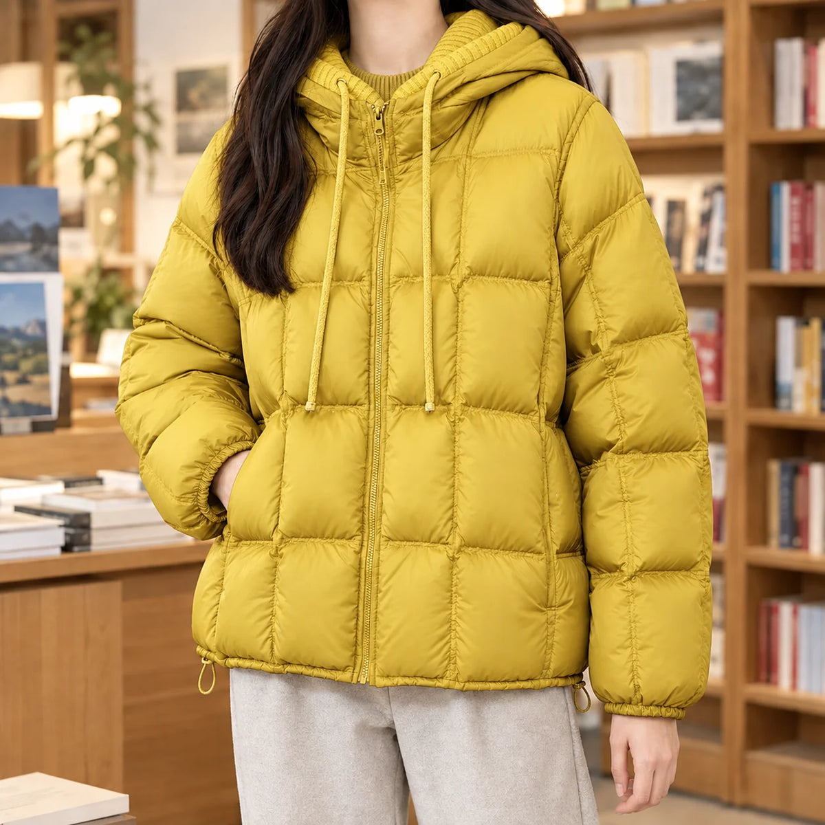 Women's black puffer jacket, close-up of hood and drawcord