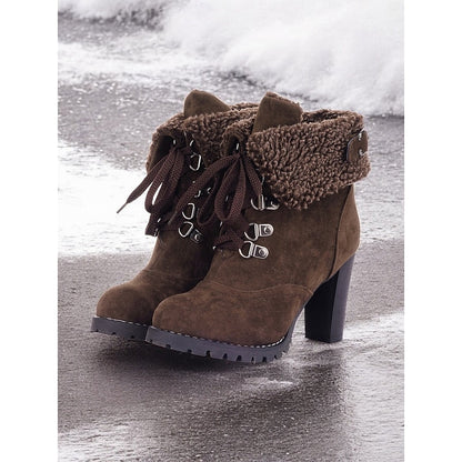 Dark Brown Fur-Trimmed Lace-Up Winter Boots