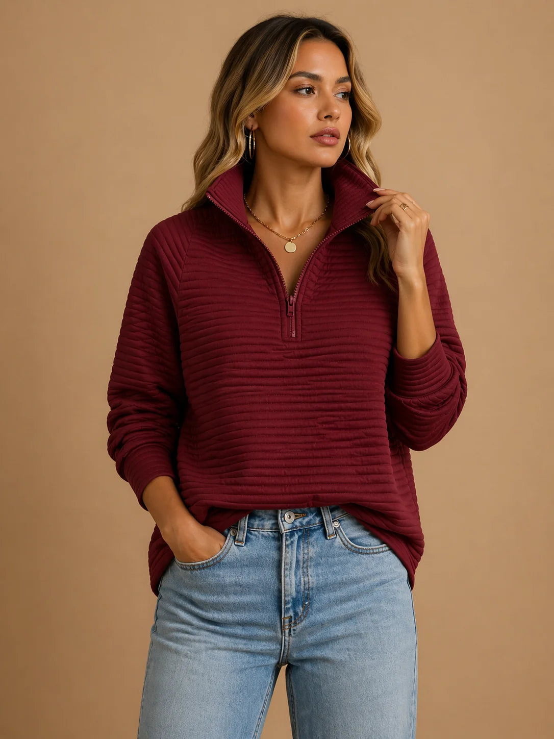 Women's burgundy funnel neck half-zip sweater