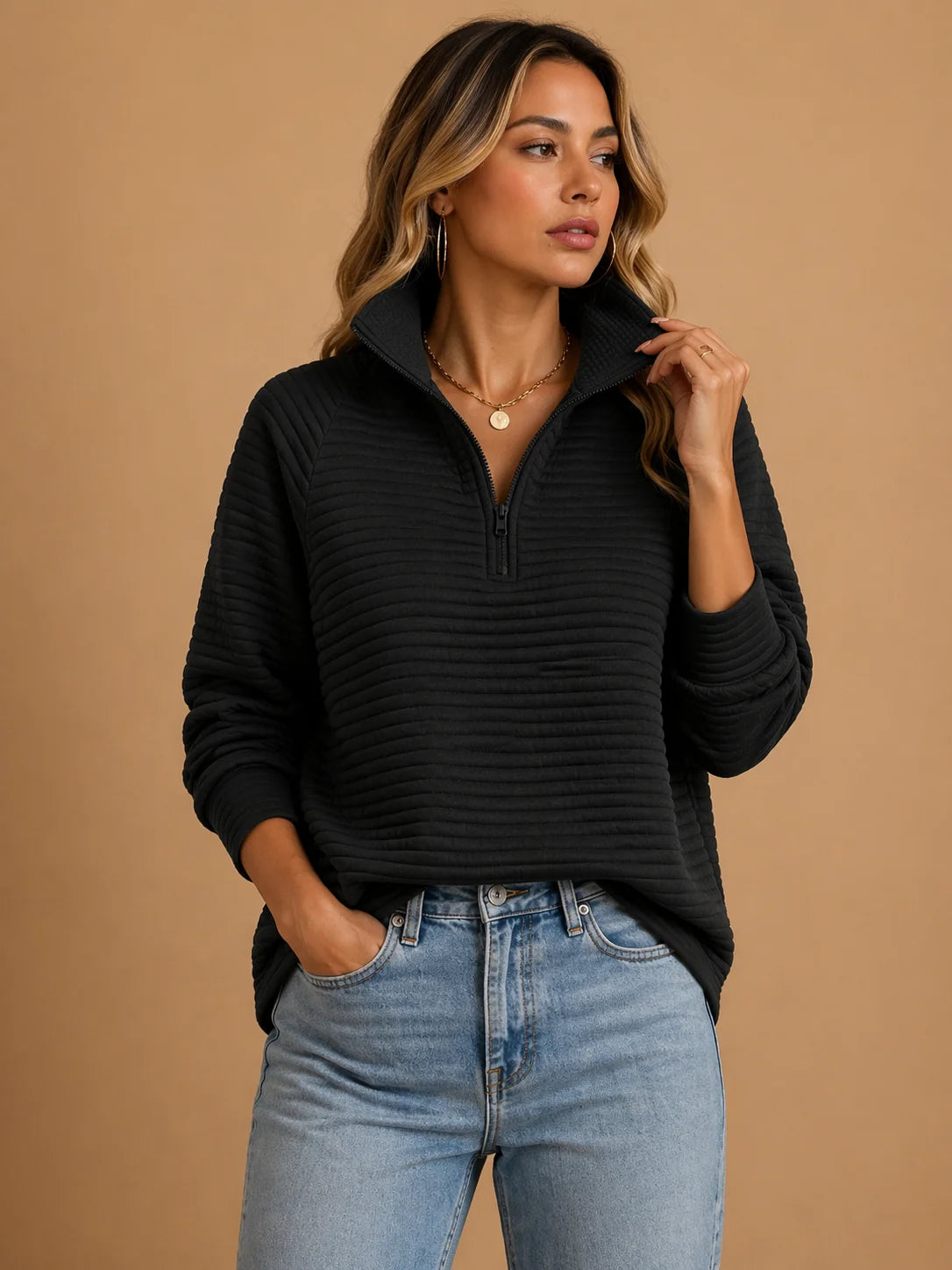 Women's black funnel neck half-zip sweater