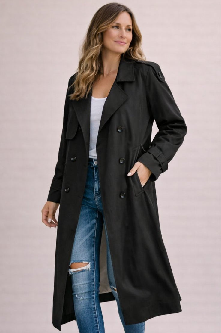 Black Draped Belted Longline Trench Coat