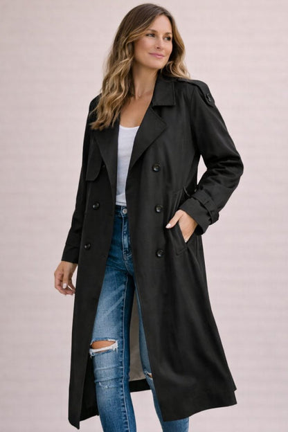 Black Draped Belted Longline Trench Coat