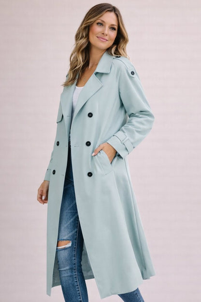 Light Blue Draped Belted Longline Trench Coat