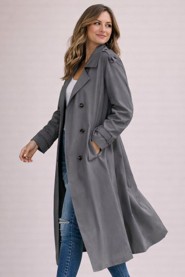 Gray Draped Belted Longline Trench Coat