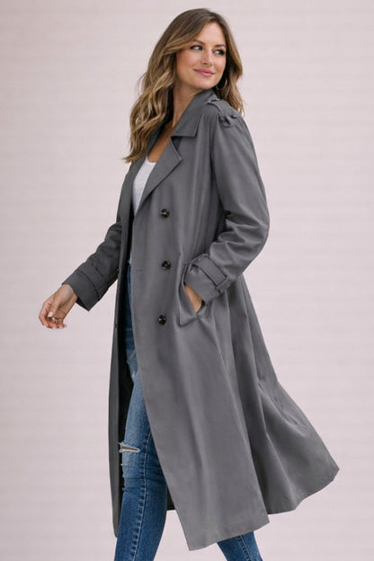 Gray Draped Belted Longline Trench Coat