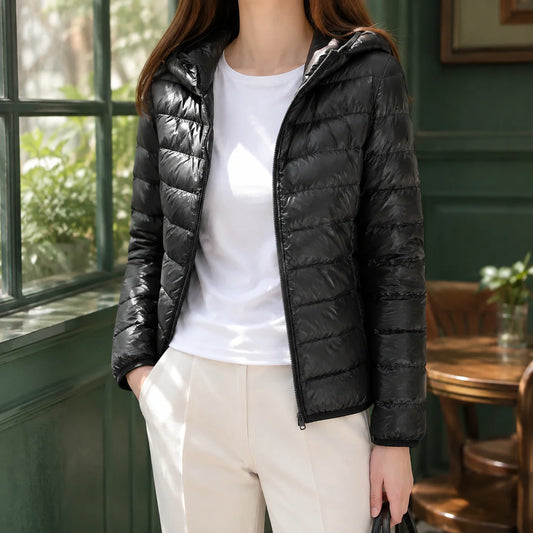 Wren hooded cashmere down jacket, front view