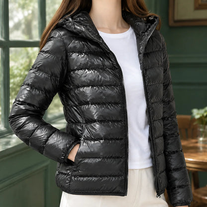 Wren cashmere down jacket worn, lifestyle shot