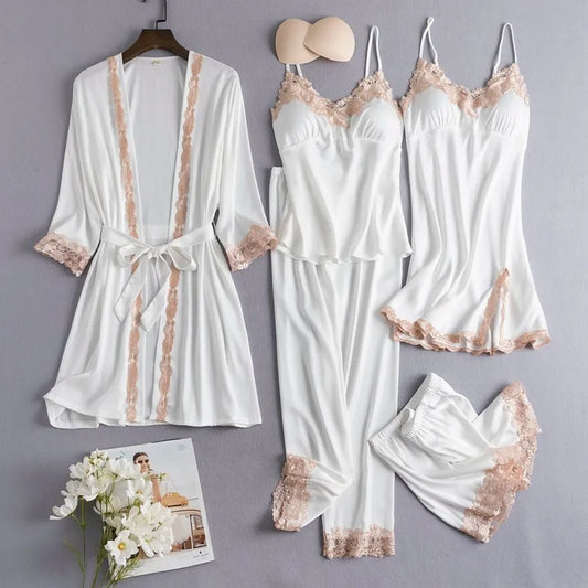 Women's white satin pajama set with lace trim and robe