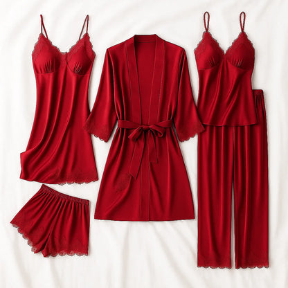 Women's red satin pajama set with lace trim and robe