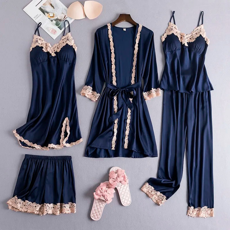Women's navy satin pajama set with lace trim and robe