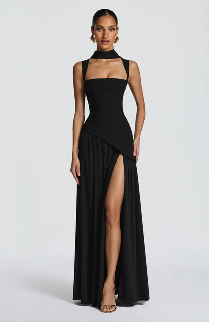 Women's burgundy A-line sleeveless maxi dress with fitted waist