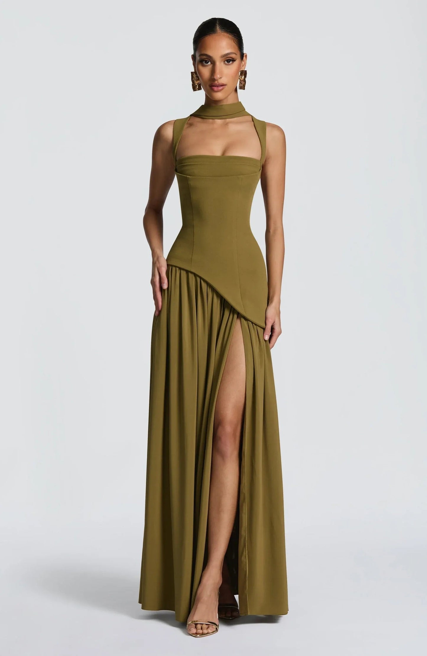 Women's burgundy A-line sleeveless maxi dress with fitted waist