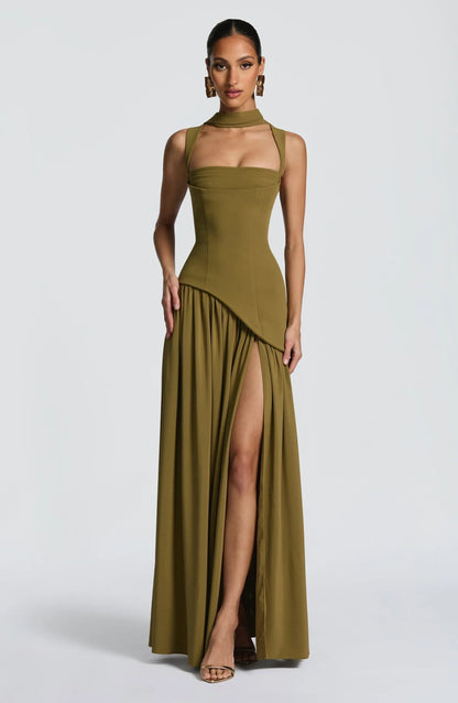Women's burgundy A-line sleeveless maxi dress with fitted waist