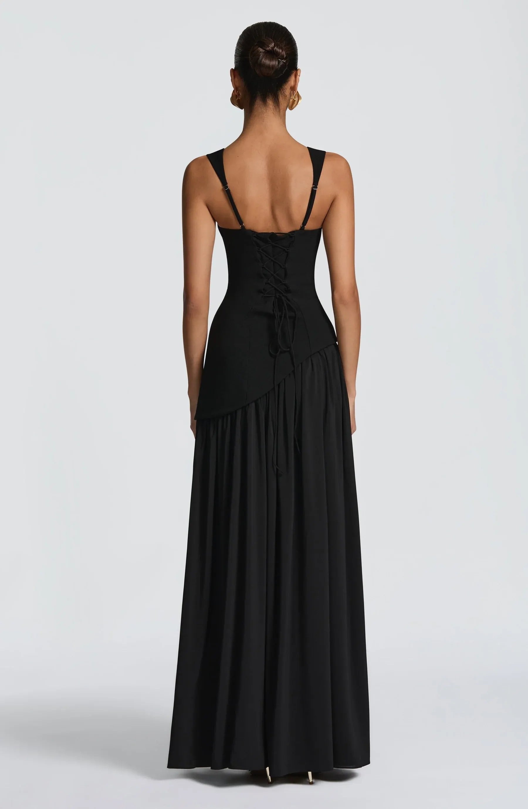 Women's burgundy A-line sleeveless maxi dress with fitted waist