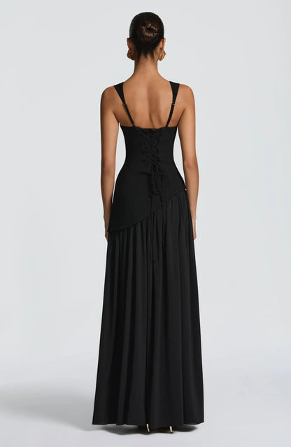 Women's burgundy A-line sleeveless maxi dress with fitted waist