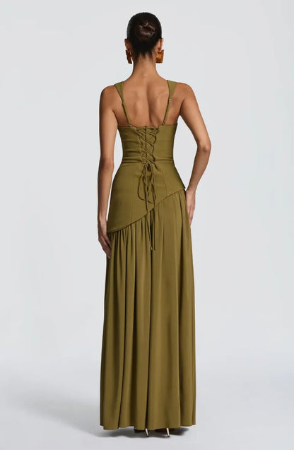 Women's burgundy A-line sleeveless maxi dress with fitted waist
