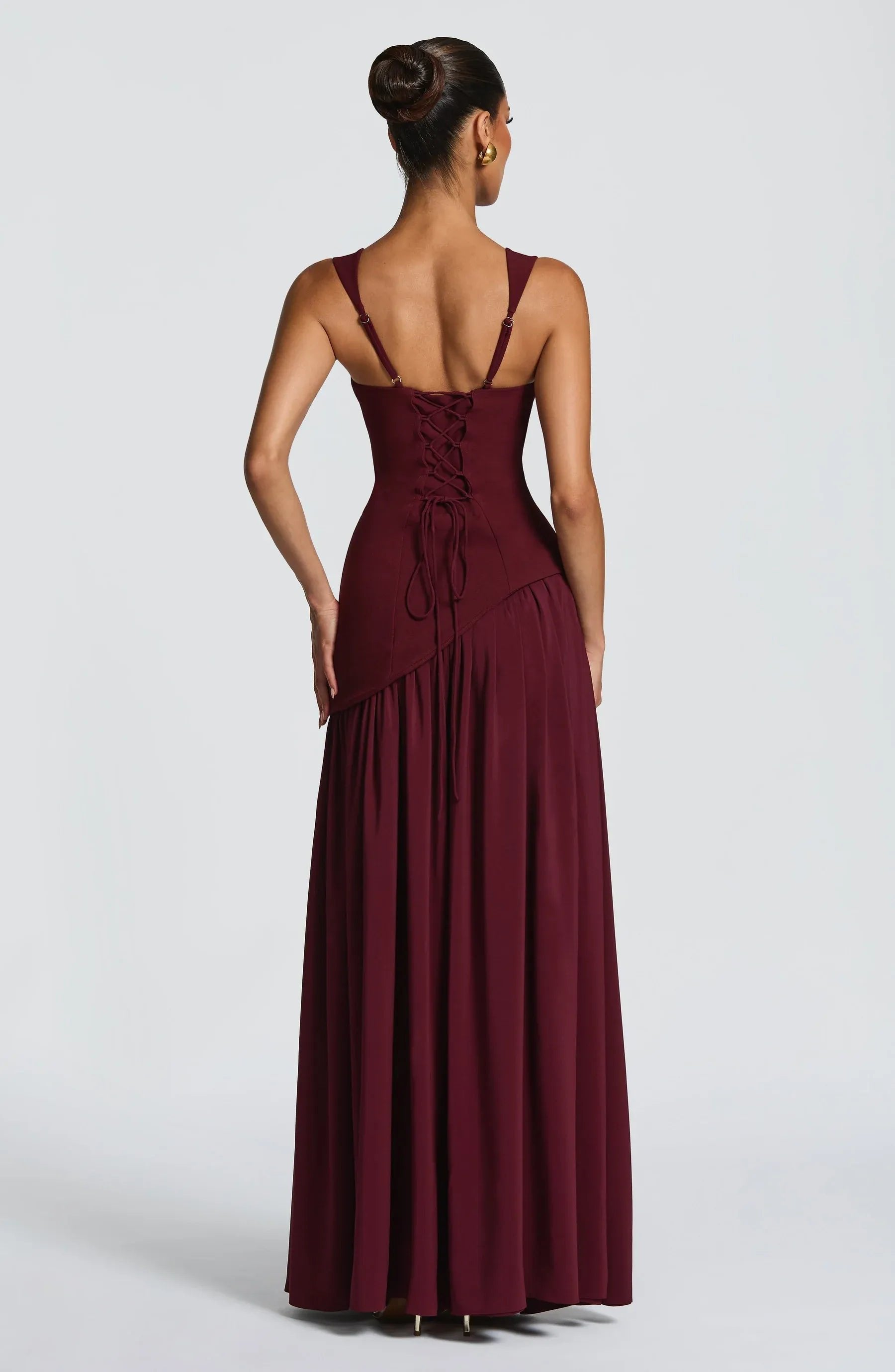 Women's black A-line sleeveless maxi dress with fitted waist