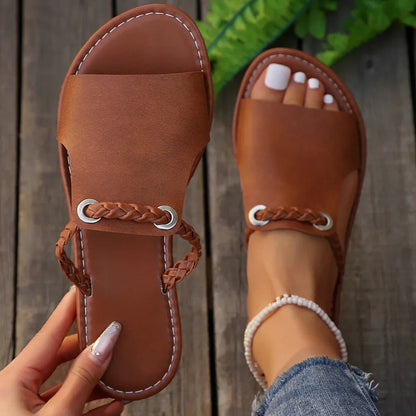 Women's ivory braided strap flat sandals with open toe