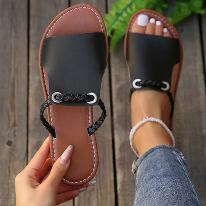 Women's ivory braided strap flat sandals with open toe
