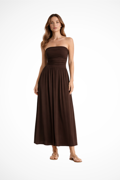 Women's brown strapless pleated maxi summer dress