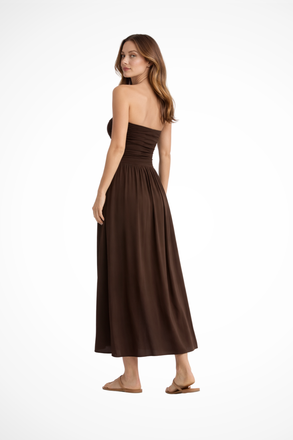 Women's brown strapless pleated maxi summer dress
