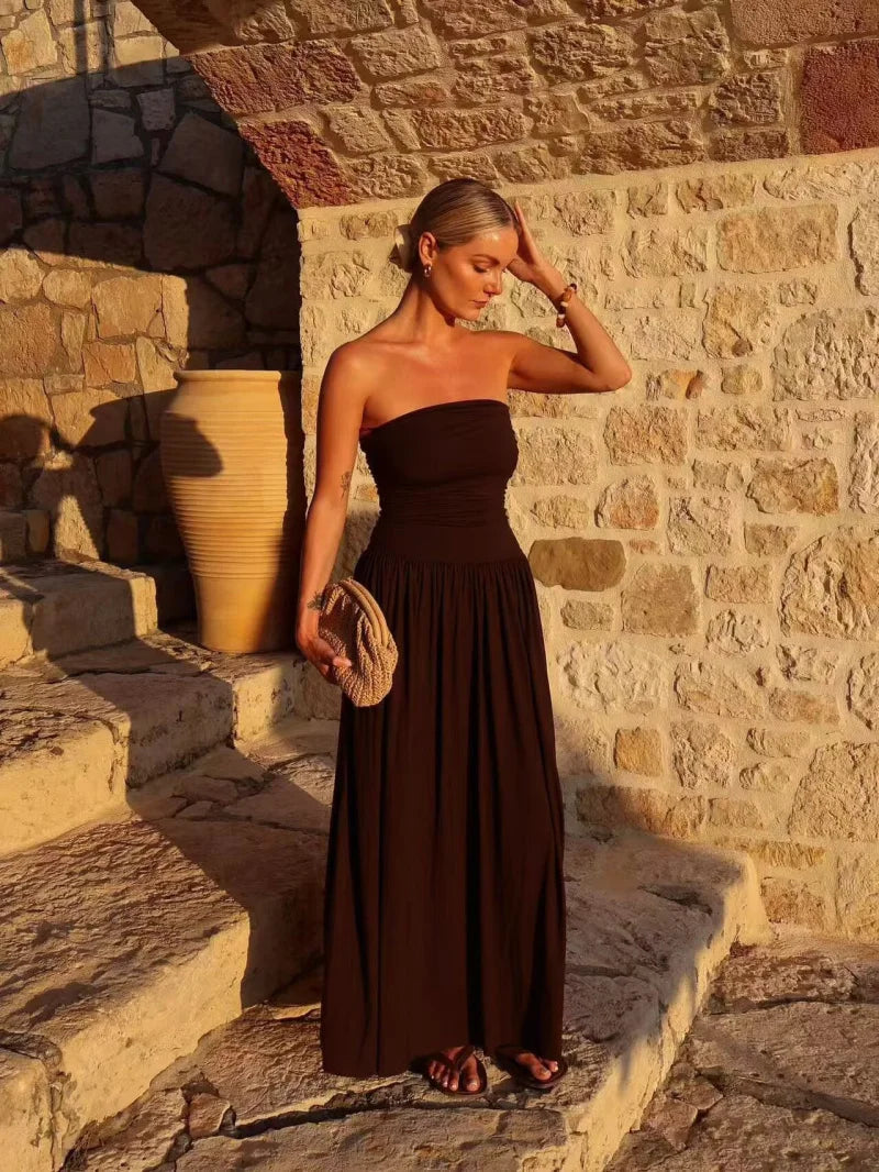Women's brown strapless pleated maxi summer dress