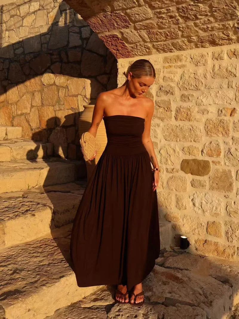 Women's brown strapless pleated maxi summer dress