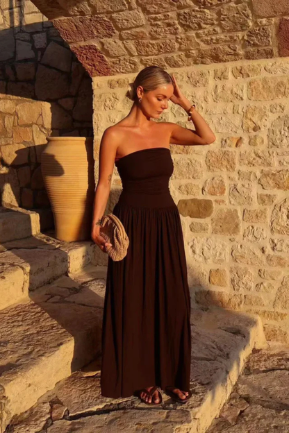 Women's brown strapless pleated maxi summer dress