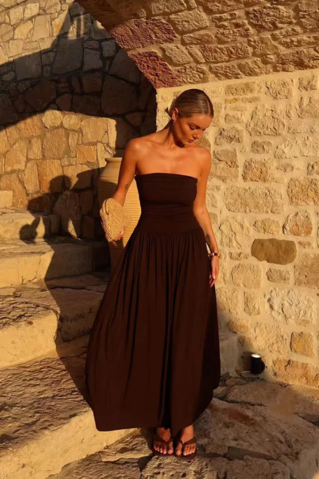 Women's brown strapless pleated maxi summer dress