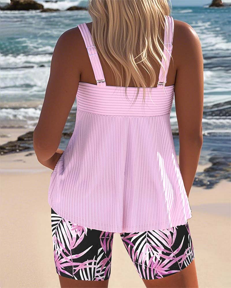 Women's cyan tropical print tummy control tankini swimsuit set