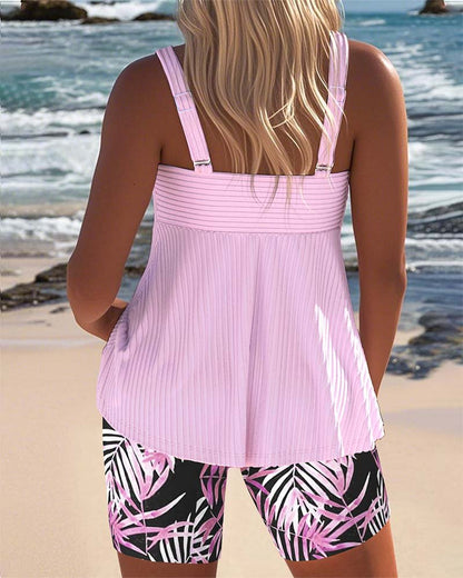 Women's cyan tropical print tummy control tankini swimsuit set