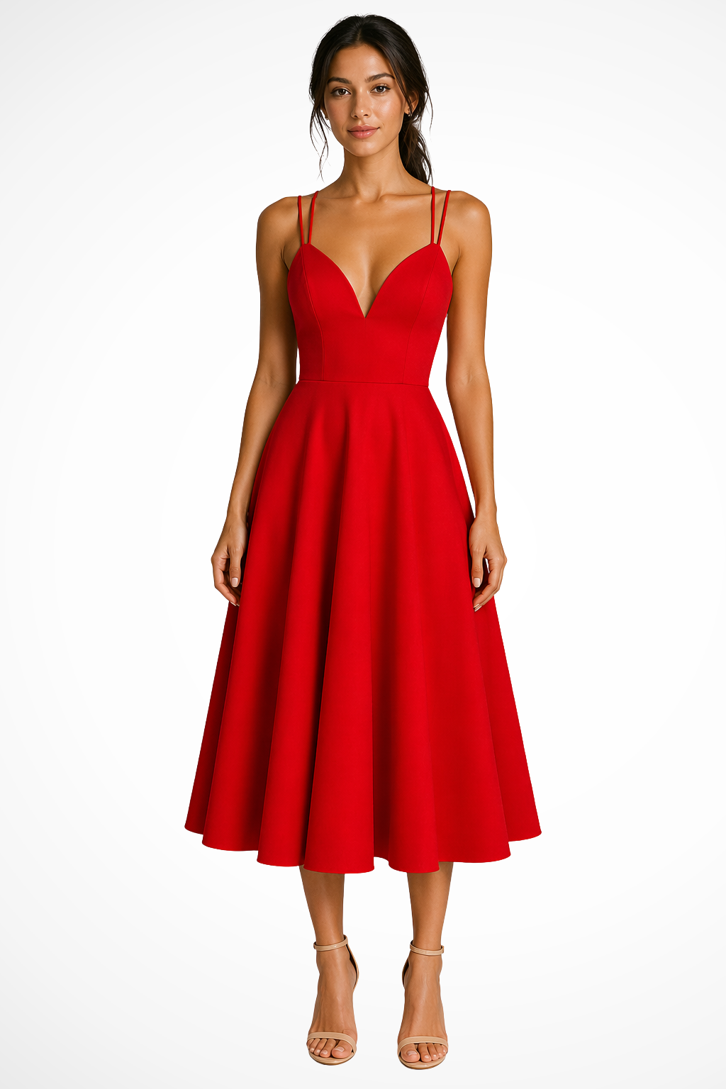 Women's red sweetheart a-line midi wedding guest dress