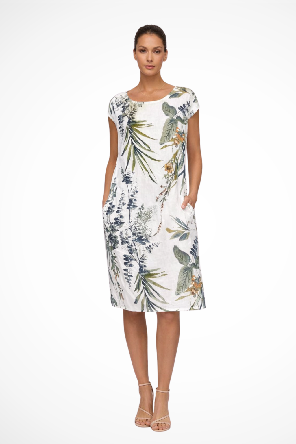 Women's white sleeveless botanical print summer dress