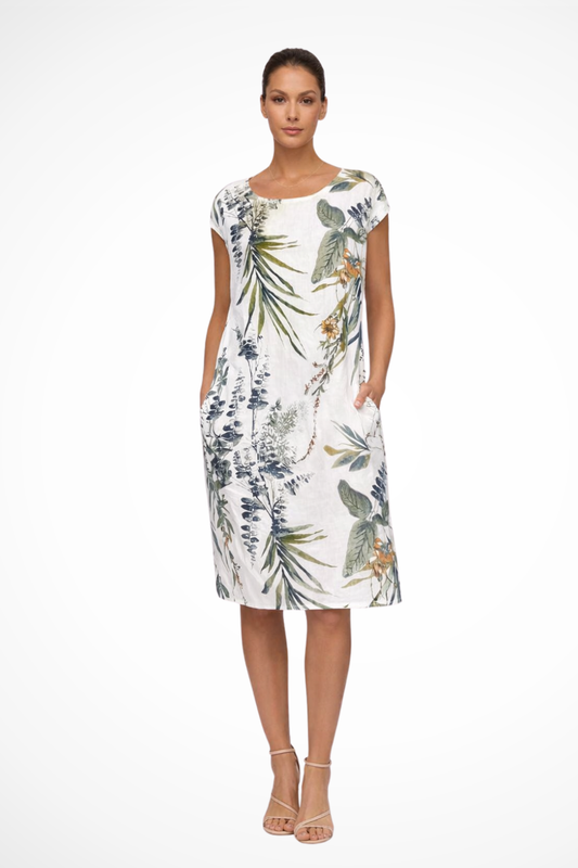 Women's white sleeveless botanical print summer dress