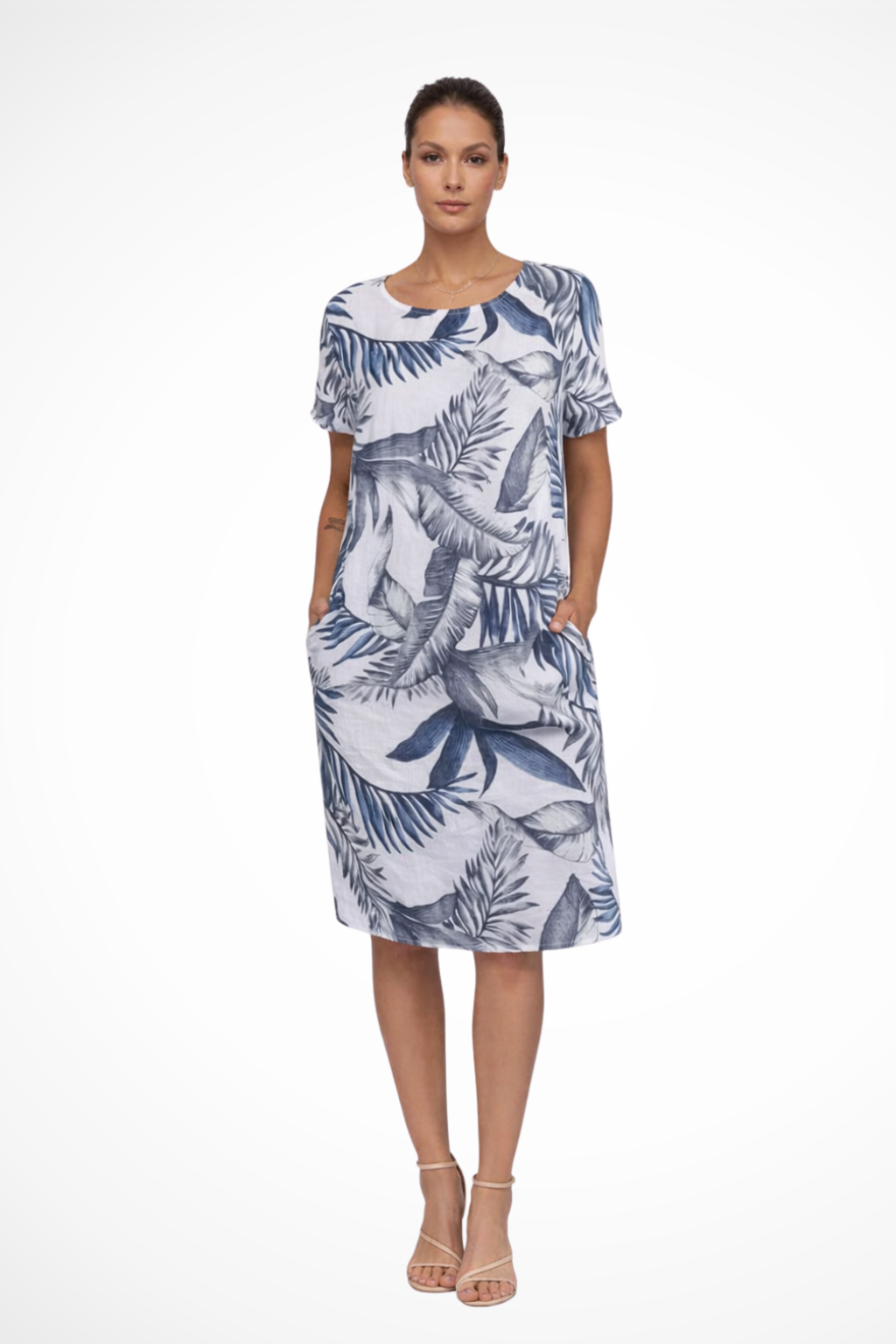 Women's white sleeveless botanical print summer dress