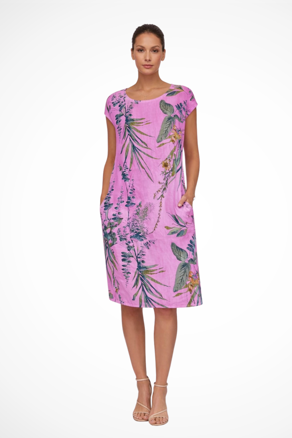 Women's white sleeveless botanical print summer dress