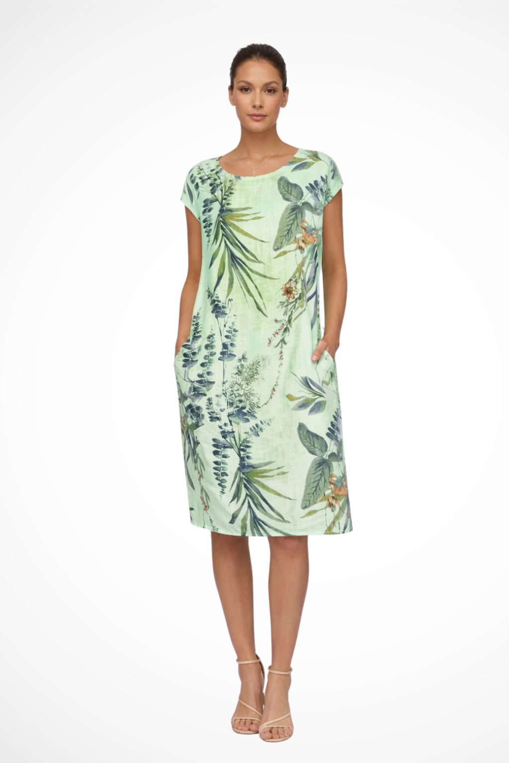 Women's white blue sleeveless botanical print summer dress