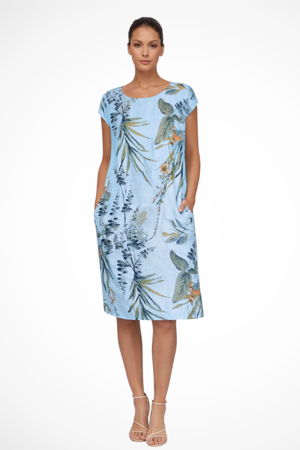 Women's white blue sleeveless botanical print summer dress