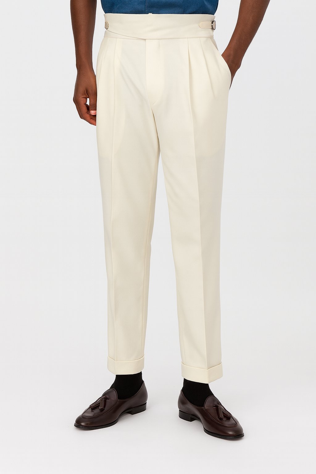 Men's white high waist pleated drawstring straight leg pants